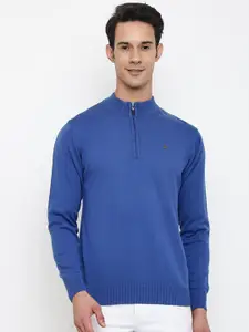 Cantabil Men Blue Solid Wool Half Zipper Pullover