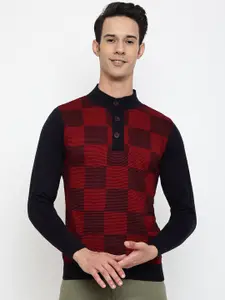 Cantabil Men Maroon & Navy Blue Checked Wool Pullover