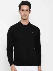 Cantabil Men Black Solid Wool Polo Collar Pullover