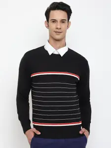 Cantabil Men Black & White Striped Wool Round Neck Pullover
