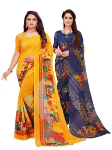 Silk Bazar Pack of 2 Yellow & Navy Blue Floral Printed Pure Georgette Saree