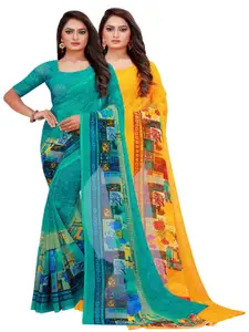 Silk Bazar Pack of 2 Turquoise Blue & Yellow Pure Georgette Saree