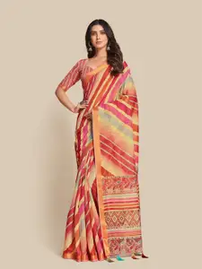Sangria Red & Orange Geometric Printed Zari Saree