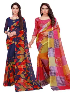 Silk Bazar Navy Blue & Red Pack of 2 Pure Georgette Sarees