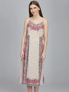 DODO & MOA Beige Floral Printed Crepe A-Line Dress