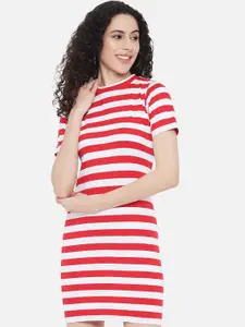 Trend Arrest Women Red & White Striped Cotton T-shirt Dress