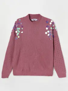 Fame Forever by Lifestyle Girls Pink Cable Knit Cotton Pullover with Embellished Detail