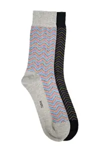 MARC Men Pack Of 2 Grey & Black Patterned Calf Length Socks