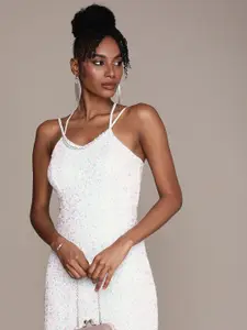 bebe Shoulder Straps Sequined Embellished Sheath Winter Dress