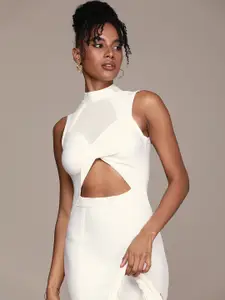 bebe Solid High-Neck Bodycon Dress With Mesh and Cutout Detail