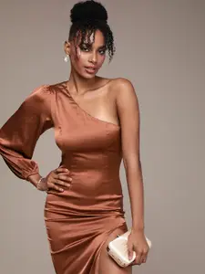 bebe Off-Shoulder Puff Sleeves Satin Finish Sheath Winter Dress