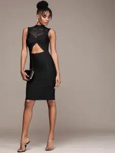 bebe Solid High-Neck Bodycon Winter Dress With Cutout and Mesh Detail