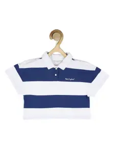 Peter England Girls White & Blue Striped Polo Collar Cotton T-shirt