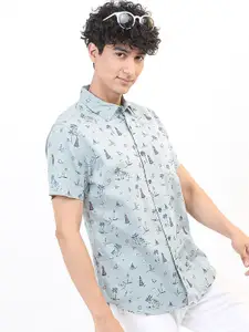 HIGHLANDER Men Blue Slim Fit Printed Cotton Casual Shirt