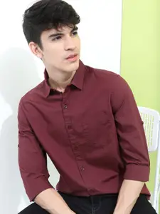 HIGHLANDER Men Maroon Slim Fit Cotton Casual Shirt