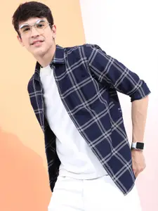 HIGHLANDER Men Navy Blue Slim Fit Windowpane Checked Casual Shirt