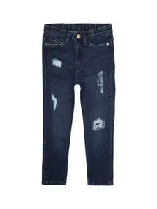 Peter England Boys Navy Blue Skinny Fit Mildly Distressed Light Fade Cotton Jeans