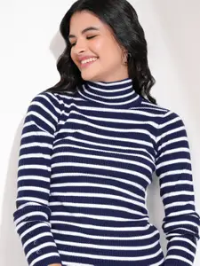 Tokyo Talkies Women Navy Blue & White Striped Acrylic Pullover