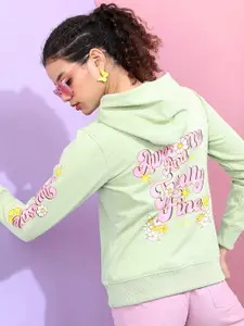 Tokyo Talkies Women Sea Green Solid Hooded Sweatshirt