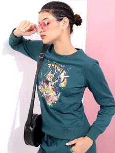 Tokyo Talkies Women Teal Green Printed Sweatshirt