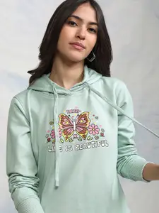 Tokyo Talkies Women Sea Green Printed Hooded Sweatshirt