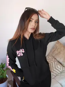 Tokyo Talkies Women Black Printed Hooded Sweatshirt