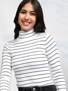 Tokyo Talkies Women White & Black Striped Acrylic Pullover