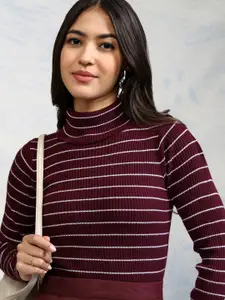 Tokyo Talkies Women Maroon & White Striped Acrylic Pullover