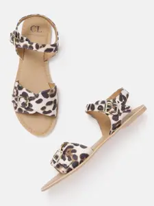 Carlton London Women Leopard Printed Open Toe Flats with Buckle Detail