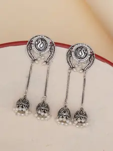 Voylla Silver Plated Oxidised Contemporary Jhumkas Earrings