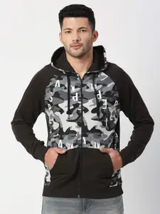 Pepe Jeans Men Black & Grey Camouflage Printed Cotton Hooded Sweatshirt
