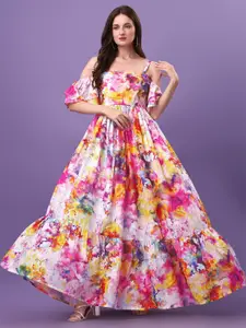 ASPORA Women Pink & Blue Floral Organic Cotton Maxi Dress
