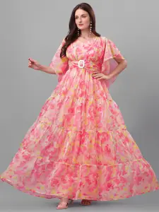 ASPORA Women Peach & Yellow Floral Maxi Dress