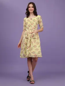 ASPORA Women Yellow Floral Printed Fit & Flare Dress