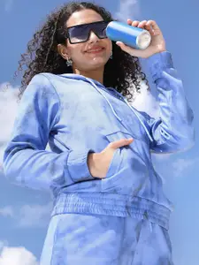 Tokyo Talkies Womens Blue Tie & Dye Printed Hooded Sweatshirt