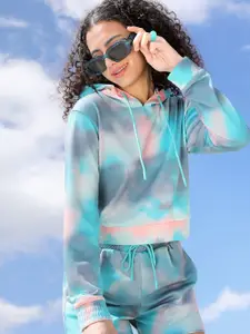Tokyo Talkies Women Green & Multicoloured Tie & Dye Printed Hooded Sweatshirt