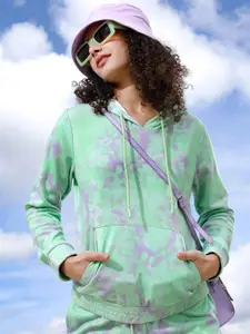 Tokyo Talkies Women Green & Purple Tie & Dye Printed Hooded Sweatshirt