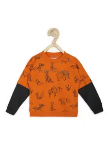 Peter England Boys Orange & Black Printed Pure Cotton Sweatshirt