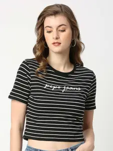 Pepe Jeans Women Black Striped Cotton T-shirt