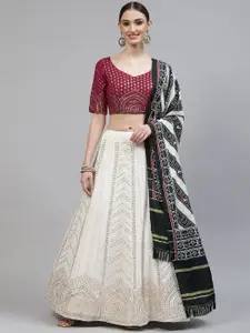 SHUBHKALA White & Red Embroidered Sequinned Semi-Stitched Lehenga & Blouse With Dupatta