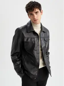 DeFacto Men Black Faux Leather Jacket