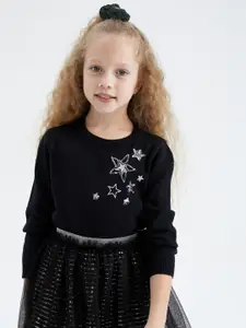 DeFacto Girls Black & Silver-Toned Cotton Pullover with Embellished Detail