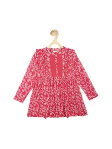 Peter England Girls Pink & White Floral Printed Pure Cotton Dress