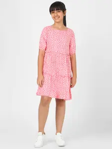Peter England Girls Pink & White Floral Layered A-Line Dress