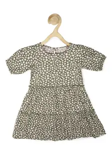 Peter England Girls Olive Green & Cream-Coloured Floral Dress