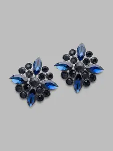 Globus Navy Blue & Black Floral Silver Plated Studs Earrings