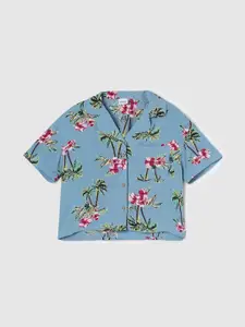 max Girls Blue & Green Tropical Print Shirt Style Top