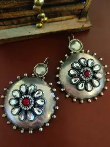 Binnis Wardrobe Pink & Silver-Plated Oxidised Circular Drop Earrings