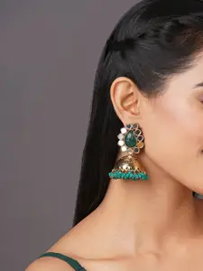 Binnis Wardrobe Green & Gold-Plated Kundan Dome Shaped Jhumkas Earrings