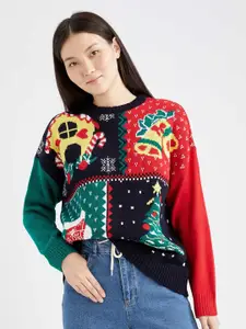 DeFacto Women Navy Blue & Green Printed Pullover